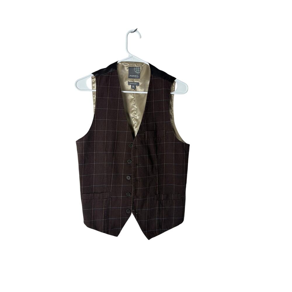 Fossil Mens Size S Button Front Waistcoat Vest Brown Cotton Tailored